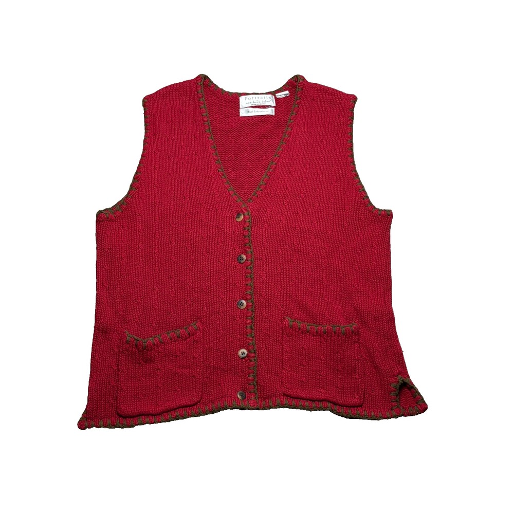 Vtg 90s Portraits By Northern Isles Hand Embroidered Sweater Vest Womens S/M Red